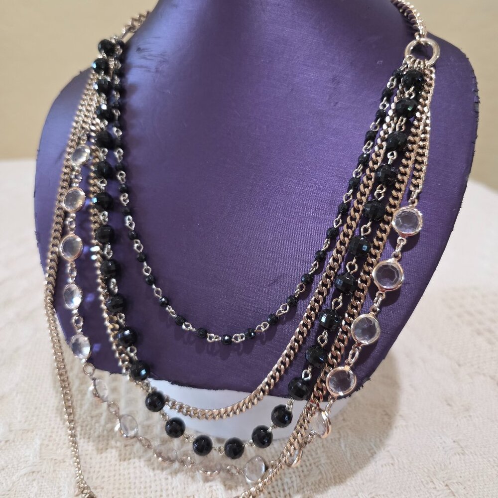 Coldwater Creek Gold Curb Link Chain Black Bead Layer Drape 5 Strand Necklace